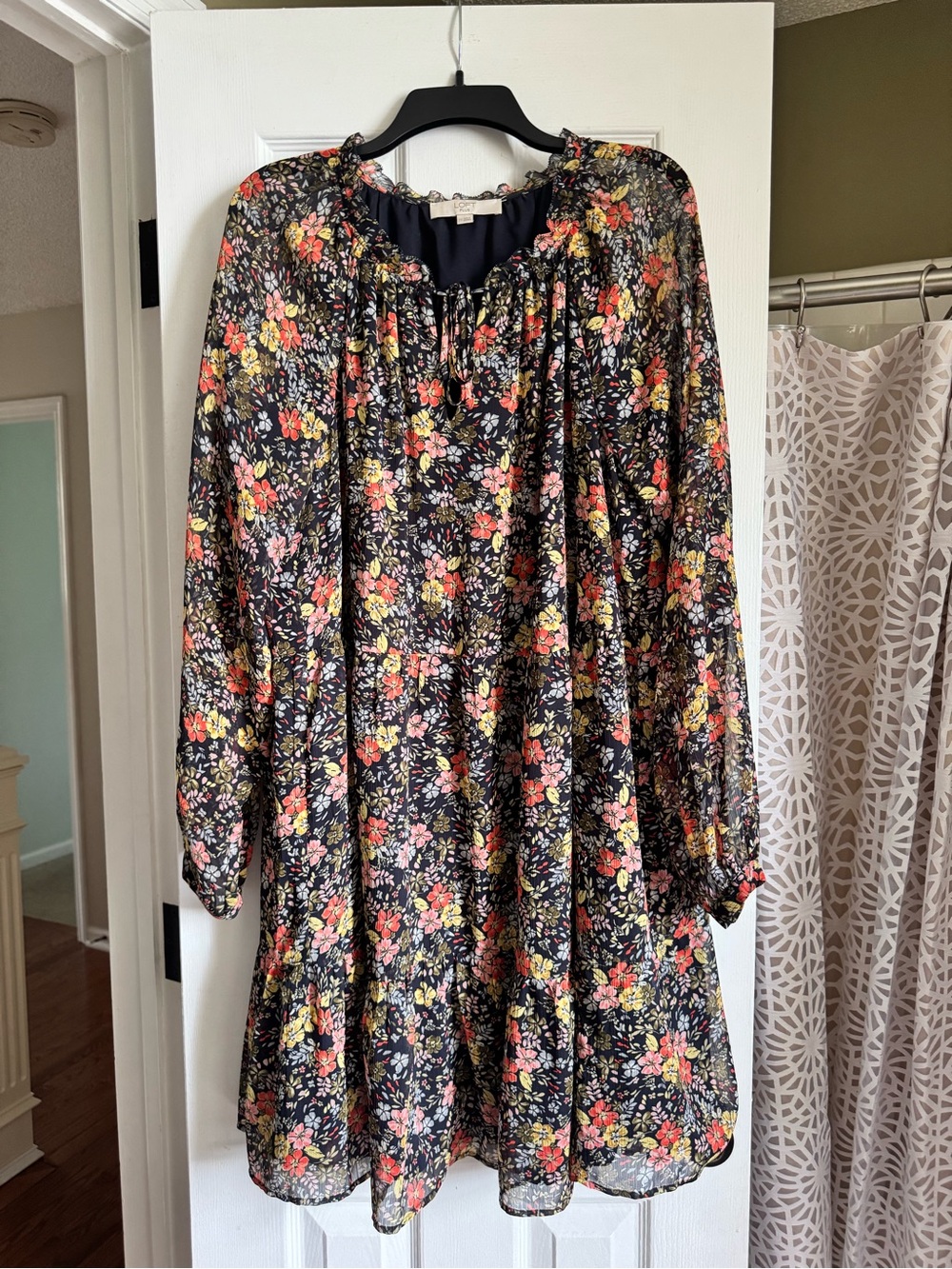 LOFT Black Floral Long-Sleeve Casual Dress with Orange and Yellow Accents